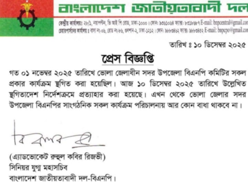 ভোলা সদর উপজেলা বিএনপি কমিটির কার্যক্রম স্থগিতাদেশ প্রত্যাহার